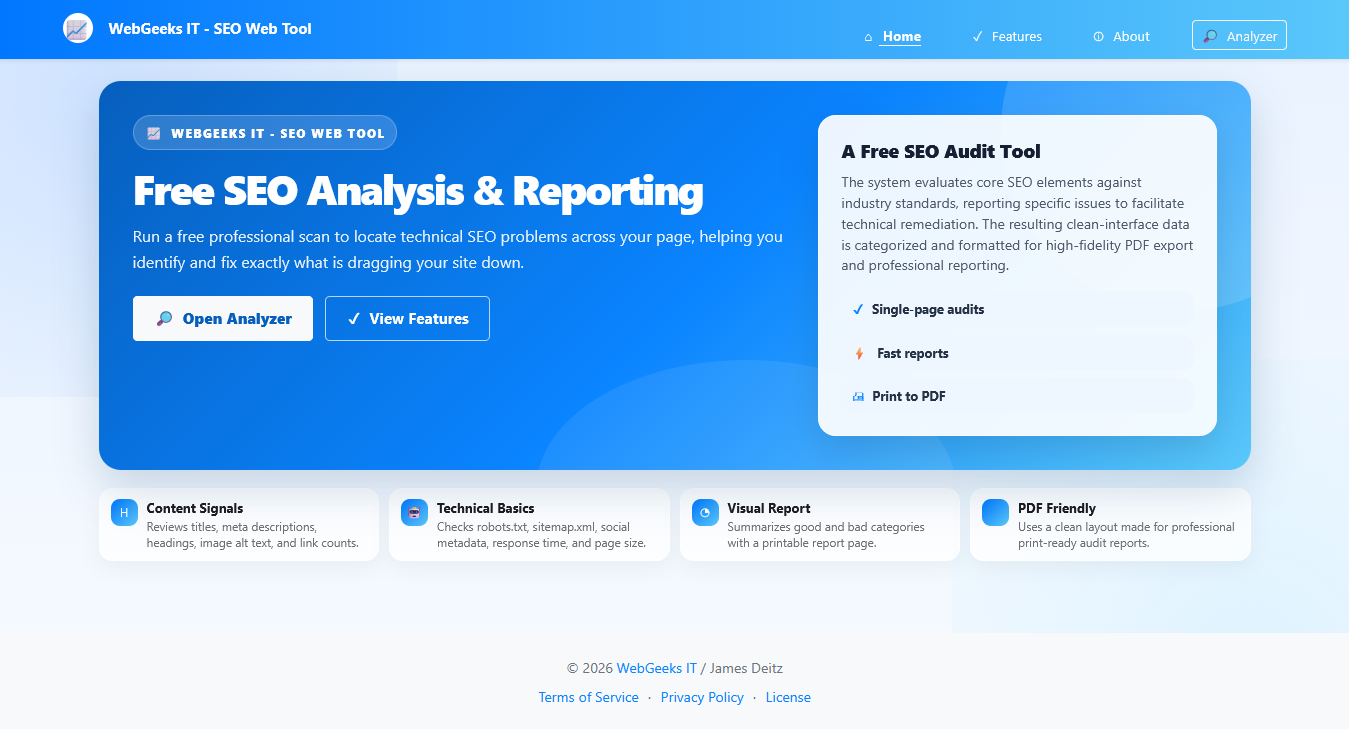 Preview of the SEO Tool homepage