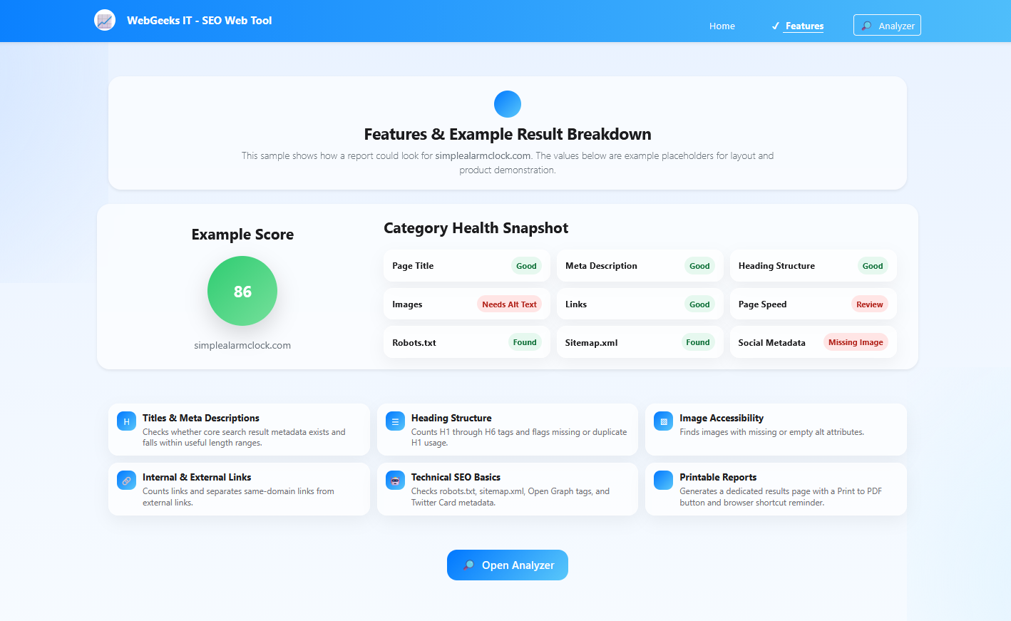 Preview of the SEO Tool results report